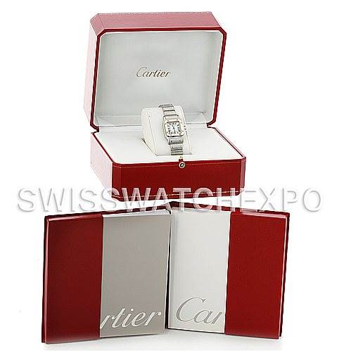 The image shows a Cartier Santos W20012C4 Women
s Stainless Steel Silver Dial W20012C4 Women
s Stainless Steel Silver Dial watch in front of its open red box, with additional packaging accessories visible.