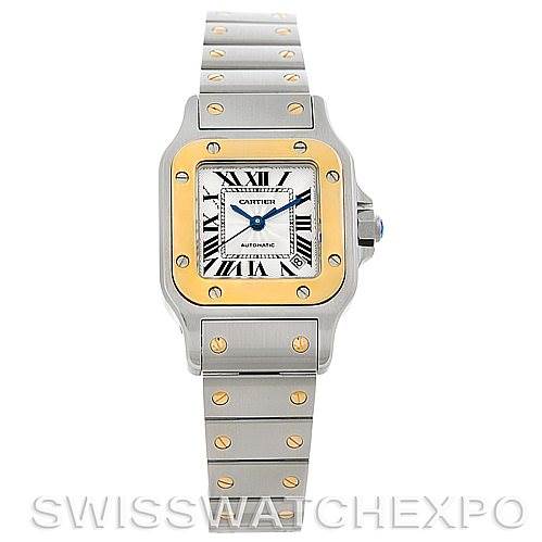 This image shows a frontal view of a Cartier Santos W20045C4 Women
s Stainless Steel Silver Dial W20045C4 Women
s Stainless Steel Silver Dial watch featuring a two-tone case and bracelet with Roman numeral hour markers.