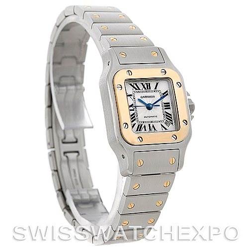 This image shows the Cartier Santos W20045C4 Women
s Stainless Steel Silver Dial W20045C4 Women
s Stainless Steel Silver Dial watch at a three-quarter angle, highlighting its face, bezel, and bracelet.