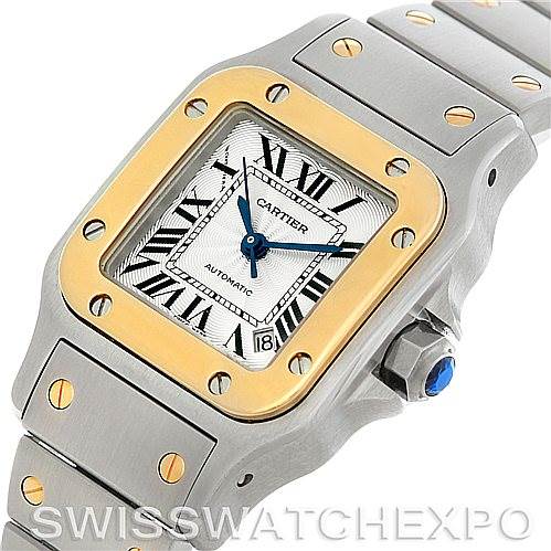 This image shows a close-up of a Cartier Santos W20045C4 Women
s Stainless Steel Silver Dial W20045C4 Women
s Stainless Steel Silver Dial watch, focusing on the face, bezel, and part of the bracelet.