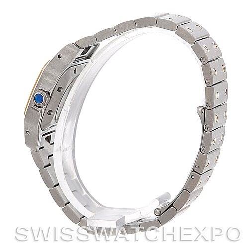 This image shows the side view of a Cartier Santos W20045C4 Women
s Stainless Steel Silver Dial W20045C4 Women
s Stainless Steel Silver Dial watch, focusing on the bracelet and the side profile of the case.