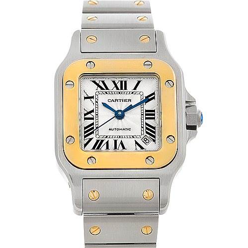 This image shows the front view of a Cartier Santos W20045C4 Women
s Stainless Steel Silver Dial W20045C4 Women
s Stainless Steel Silver Dial wristwatch, detailing its square dial, gold bezel, and stainless steel bracelet.