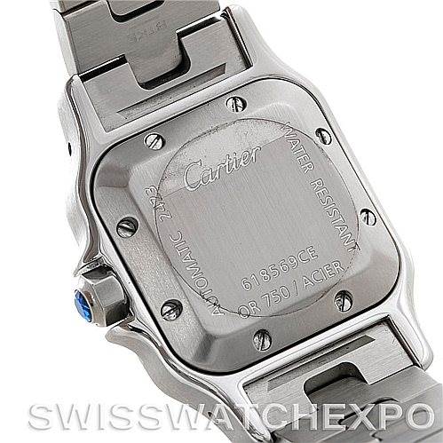The image shows the backside and part of the bracelet of a Cartier Santos W20045C4 Women
s Stainless Steel Silver Dial W20045C4 Women
s Stainless Steel Silver Dial model watch, featuring the engraved case back.
