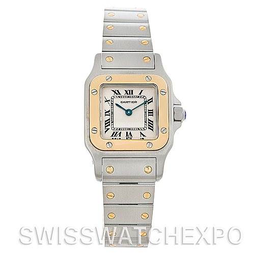 This image shows a front view of the Cartier Santos W20012C4 Women
s Stainless Steel Silver Dial W20012C4 Women
s Stainless Steel Silver Dial watch, highlighting its face, bezel, and bracelet.