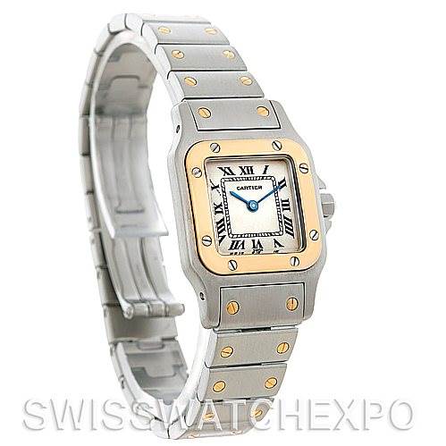 This image shows a side-angle view of the Cartier Santos W20012C4 Women
s Stainless Steel Silver Dial W20012C4 Women
s Stainless Steel Silver Dial watch, highlighting its face and bracelet.