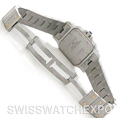 The image shows the back and open clasp of a Cartier Santos W20012C4 Women
s Stainless Steel Silver Dial W20012C4 Women
s Stainless Steel Silver Dial watch, highlighting its metal bracelet and case back.