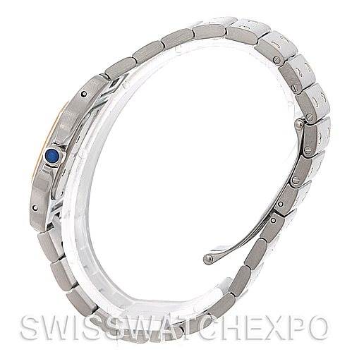 The image shows a side profile of the Santos model watch by Cartier focusing on the bracelet and casing.