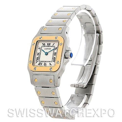 This image shows a Cartier Santos W20012C4 Women
s Stainless Steel Silver Dial W20012C4 Women
s Stainless Steel Silver Dial watch from an angled side view, highlighting the dial, bezel, crown, and bracelet.