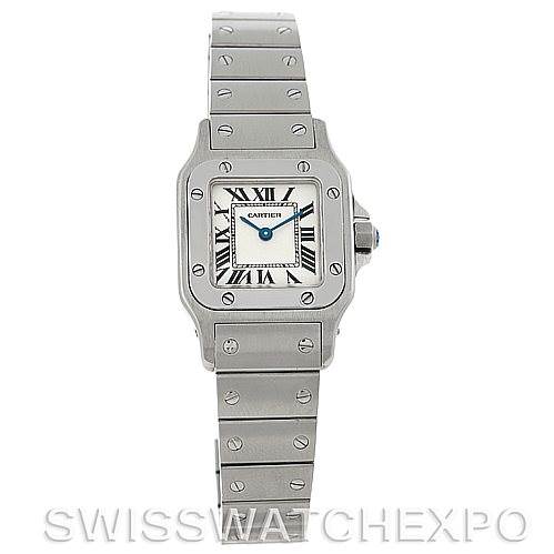 The image shows a full-frontal view of a Cartier Santos W20056D6 Women
s Stainless Steel Silver Dial W20056D6 Women
s Stainless Steel Silver Dial watch, highlighting its square face, Roman numerals, and metallic bracelet.