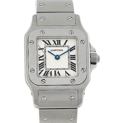 This Cartier Santos W20056D6 Women
s Stainless Steel Silver Dial W20056D6 Women
s Stainless Steel Silver Dial watch is shown from a front angle, displaying the face, bezel, and part of the bracelet.