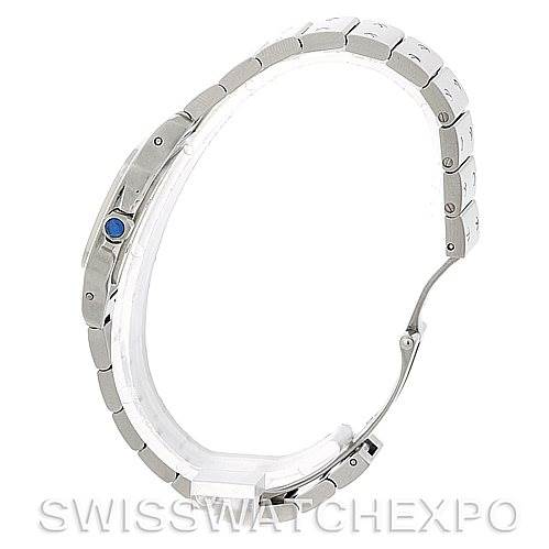 This image shows a side view of the Santos Cartier watch, focusing on its metal bracelet and blue crown.