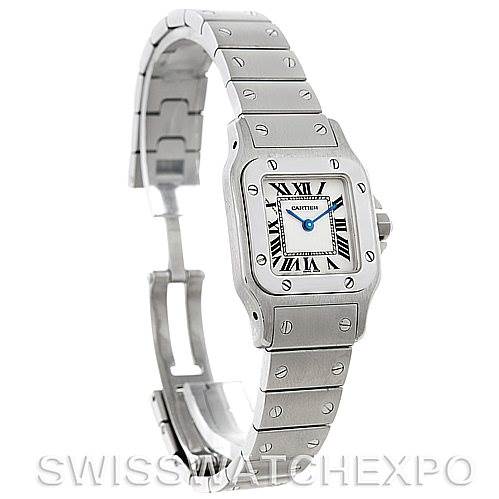 This image features a side angle of the Santos by Cartier watch, showcasing the face, bezel, crown, and bracelet.