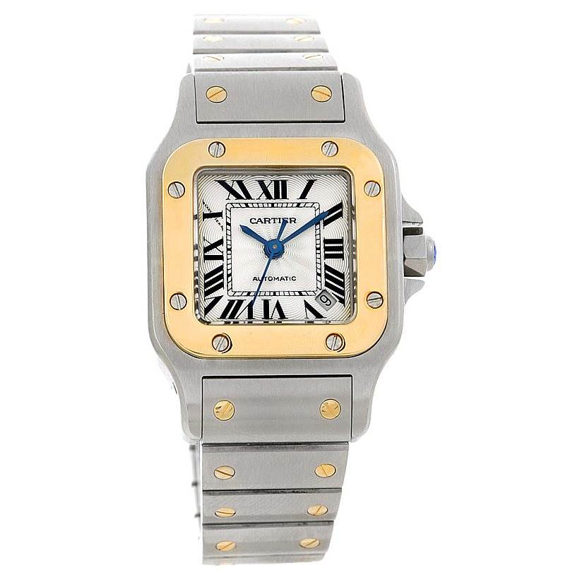 The image shows a Cartier Santos W20045C4 Women
s Stainless Steel Silver Dial W20045C4 Women
s Stainless Steel Silver Dial model watch from a front angle, highlighting the face, bezel, and bracelet.