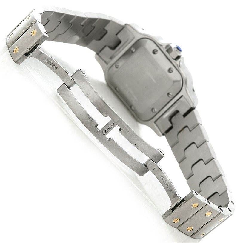 The image shows the backside and clasp of the Santos model by Cartier.