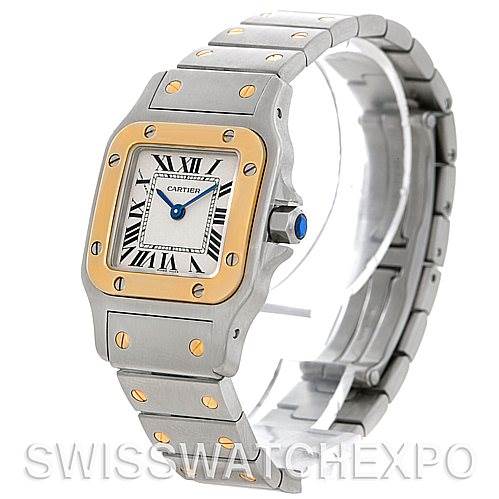 The Santos model by Cartier is shown at an angled side view, displaying the face, bezel, and parts of the bracelet.
