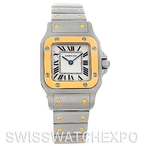 The image shows a front view of a Cartier Santos W20012C4 Women's Stainless Steel Silver Dial W20012C4 Women's Stainless Steel Silver Dial watch, featuring its face, bezel, and bracelet.