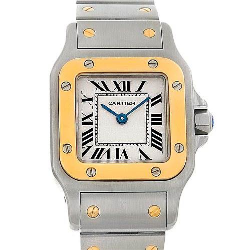 This image shows a front view of a Cartier Santos W20012C4 Women's Stainless Steel Silver Dial W20012C4 Women's Stainless Steel Silver Dial watch, highlighting its dial, bezel, and bracelet.