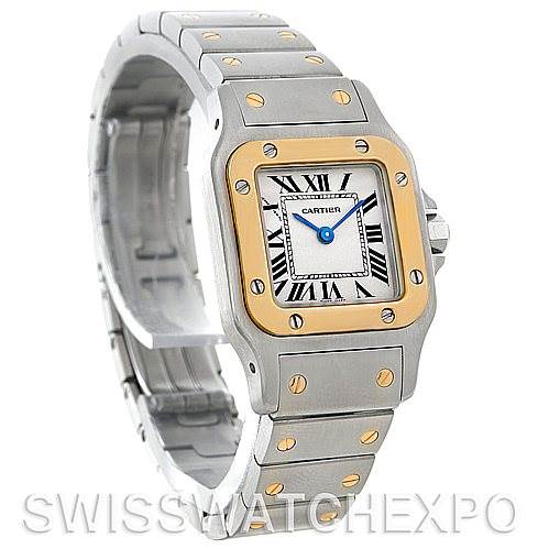 The image showcases a Santos model watch by Cartier, highlighting the face, bezel, and bracelet at a three-quarter angle.