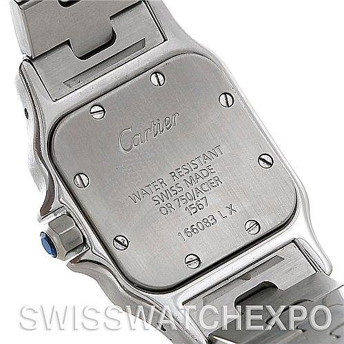 The image shows the back case of a Cartier Santos W20012C4 Women's Stainless Steel Silver Dial W20012C4 Women's Stainless Steel Silver Dial watch, highlighting the brand engraving and specifications.