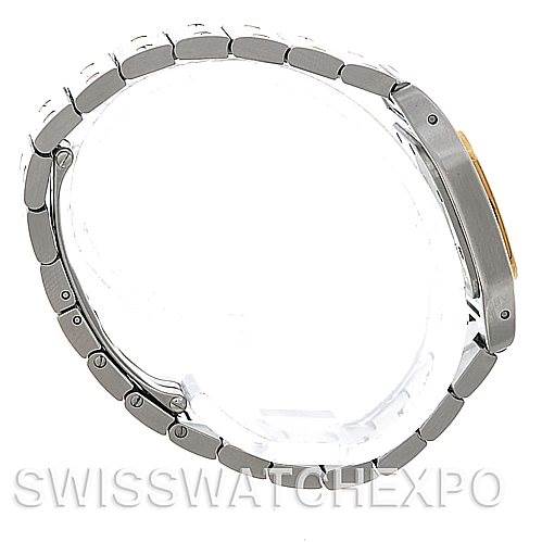 This image shows a side profile of the Santos watch by Cartier, highlighting its bracelet and case.