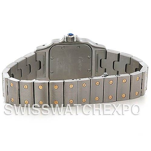 This image shows the back and bracelet of a Cartier Santos W20012C4 Women's Stainless Steel Silver Dial W20012C4 Women's Stainless Steel Silver Dial watch, featuring a stainless steel bracelet with gold screws.