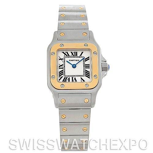 This image shows a front view of the Cartier Santos W20012C4 Women
s Stainless Steel Silver Dial W20012C4 Women
s Stainless Steel Silver Dial watch, displaying its square face, Roman numerals, and metal bracelet with gold screws.