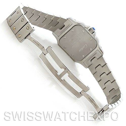 The image shows the underside and clasp of a Cartier Santos W20012C4 Women
s Stainless Steel Silver Dial W20012C4 Women
s Stainless Steel Silver Dial watch, featuring the bracelet and case back.