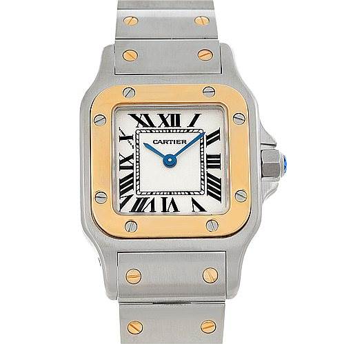 The image shows a front view of a Santos model by Cartier, highlighting its face, bezel, and bracelet.