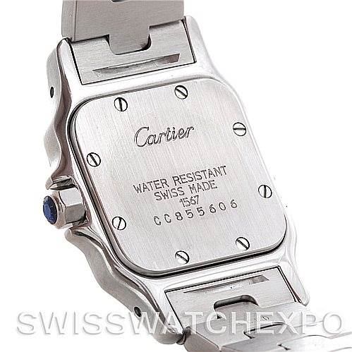 The image shows the back of a Cartier Santos W20012C4 Women
s Stainless Steel Silver Dial W20012C4 Women
s Stainless Steel Silver Dial watch, highlighting the case back, serial number, and "Water Resistant" engraving.