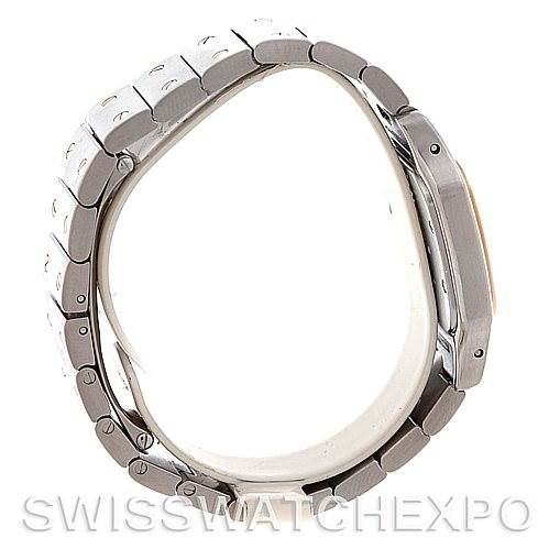 The image shows the Santos model by Cartier from a side angle, highlighting the bracelet and profile of the case.