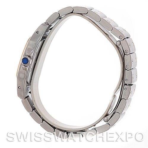 This is a side view of a Santos model by Cartier, showing the bracelet and the blue cabochon on the crown.