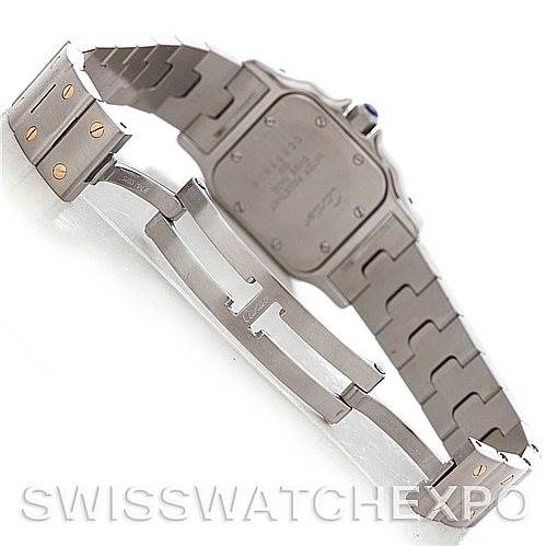 The image shows the Santos watch by Cartier from the back, displaying the caseback and bracelet with the clasp open.