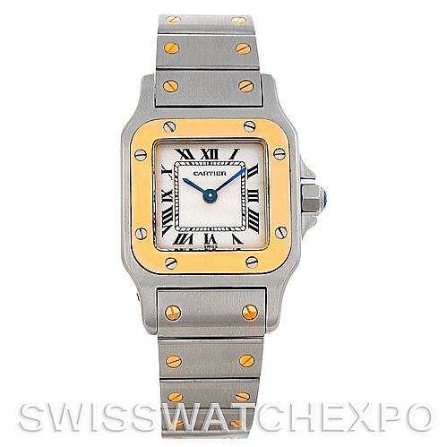 This image shows a front view of a Cartier Santos W20012C4 Women
s Stainless Steel Silver Dial W20012C4 Women
s Stainless Steel Silver Dial model watch, displaying the face, bezel, and part of the bracelet.