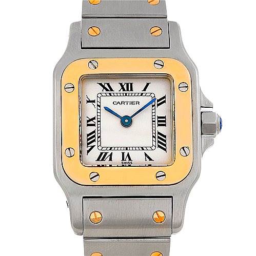 The image shows a front view of a Cartier Santos W20012C4 Women
s Stainless Steel Silver Dial W20012C4 Women
s Stainless Steel Silver Dial watch, highlighting the dial, bezel, crown, and part of the bracelet.