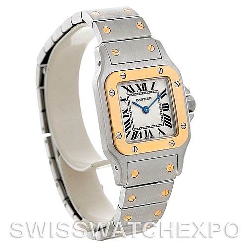 This image shows a Cartier Santos W20012C4 Women
s Stainless Steel Silver Dial W20012C4 Women
s Stainless Steel Silver Dial watch at a three-quarter view angle, highlighting the dial, bezel, and bracelet.