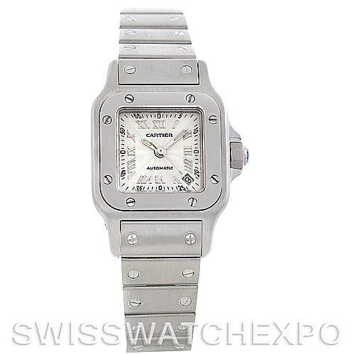 The image shows a front view of a Cartier Santos W20054D6 Women
s Stainless Steel Silver Dial W20054D6 Women
s Stainless Steel Silver Dial watch, highlighting its dial and bracelet.