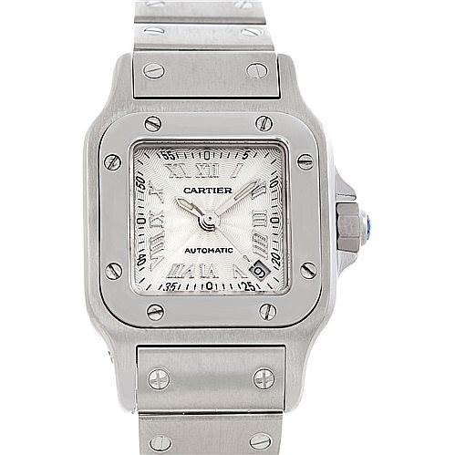 The image shows a frontal view of a Cartier Santos W20054D6 Women
s Stainless Steel Silver Dial W20054D6 Women
s Stainless Steel Silver Dial watch, highlighting its face, bezel, and part of the metal bracelet.