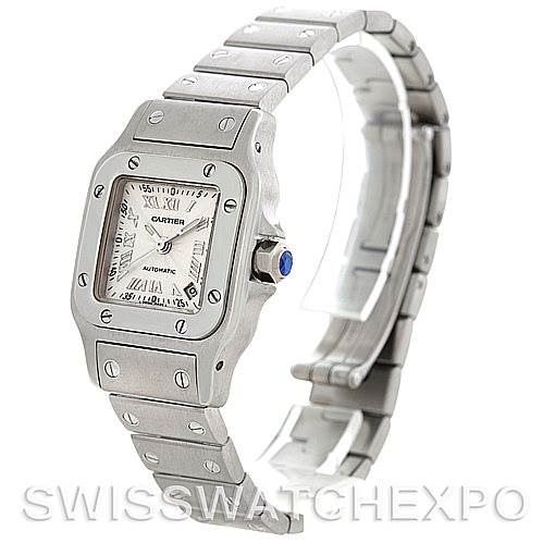 The image shows a Cartier Santos W20054D6 Women
s Stainless Steel Silver Dial W20054D6 Women
s Stainless Steel Silver Dial watch angled to display its face, bezel, and metal bracelet.