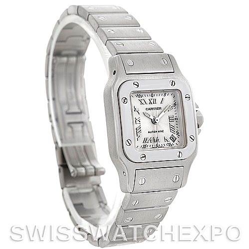 The Cartier Santos W20054D6 Women
s Stainless Steel Silver Dial W20054D6 Women
s Stainless Steel Silver Dial watch is shown from an angled front view, highlighting the face, bezel, and part of the bracelet.
