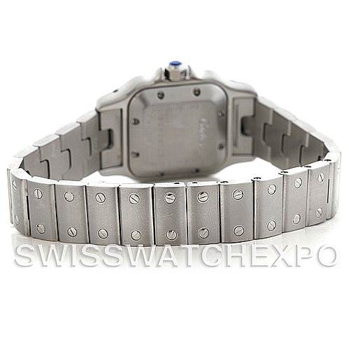 This image shows the back case and bracelet of a Santos model by Cartier from a rear angle.