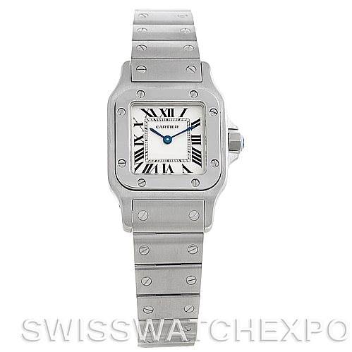 The image shows a front view of a Santos model watch by Cartier, displaying the dial, bezel, and bracelet.