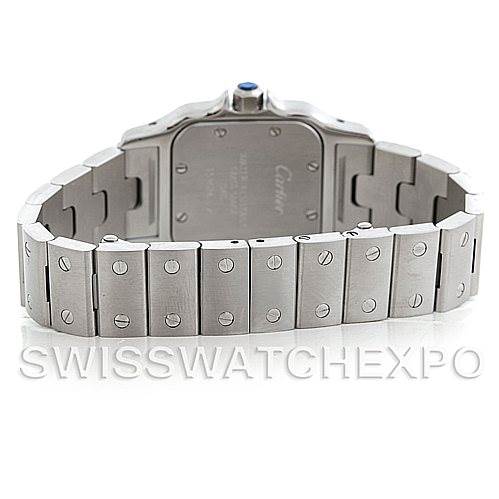 The image shows the back and bracelet of a Cartier Santos W20056D6 Women
s Stainless Steel Silver Dial W20056D6 Women
s Stainless Steel Silver Dial watch, emphasizing the stainless steel bracelet and screw details.