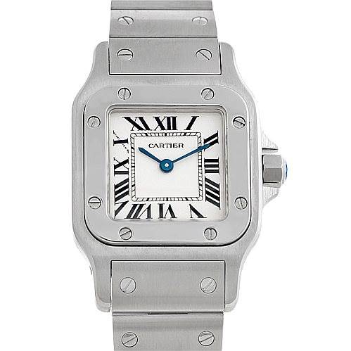 The image shows the front view of the Cartier Santos W20056D6 Women
s Stainless Steel Silver Dial W20056D6 Women
s Stainless Steel Silver Dial watch, highlighting its dial, bracelet, and screws on the bezel.