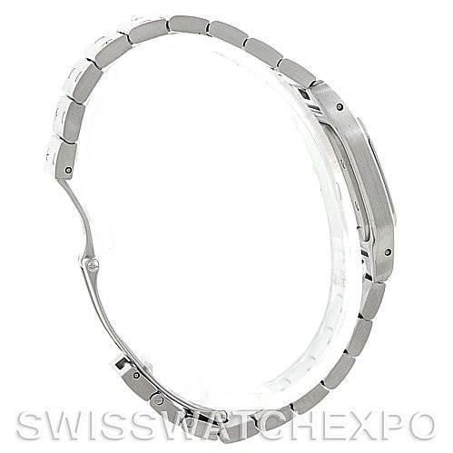 The image shows a side profile of the Santos model by Cartier, highlighting the watch
s band and case thickness.