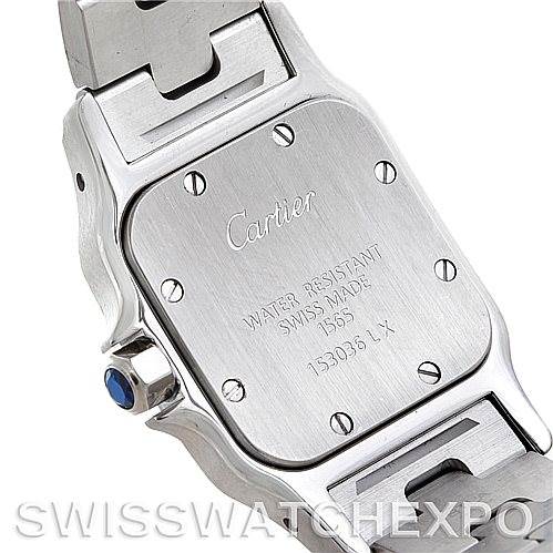 This image shows the back case of a Cartier Santos W20056D6 Women
s Stainless Steel Silver Dial W20056D6 Women
s Stainless Steel Silver Dial watch, highlighting its water-resistant marking and Swiss-made details.