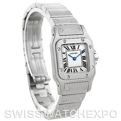 This image shows a Cartier Santos W20056D6 Women
s Stainless Steel Silver Dial W20056D6 Women
s Stainless Steel Silver Dial watch at a slight angle, highlighting the face, bezel, bracelet, and part of the clasp.