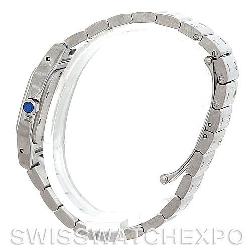 The image shows a side view of the Santos model by Cartier, highlighting the bracelet and blue cabochon crown.