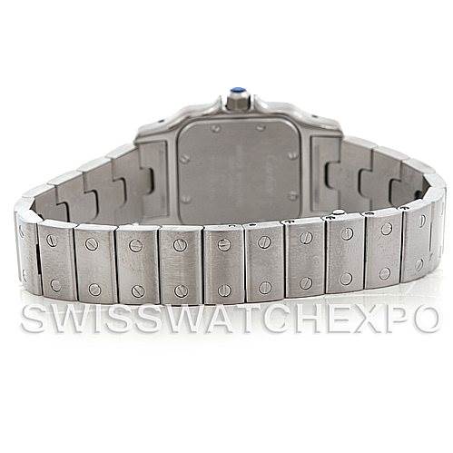 The image shows the backside view of the Santos model by Cartier, highlighting the metal bracelet and clasp.
