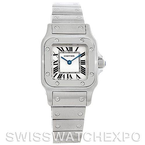 This image shows a front view of a Cartier Santos W20056D6 Women
s Stainless Steel Silver Dial W20056D6 Women
s Stainless Steel Silver Dial watch, highlighting the square face, bezel, and stainless steel bracelet.