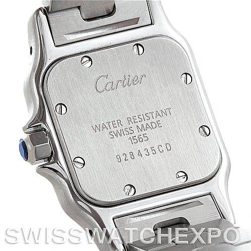 The image shows the case back and part of the bracelet of a Santos model by Cartier.